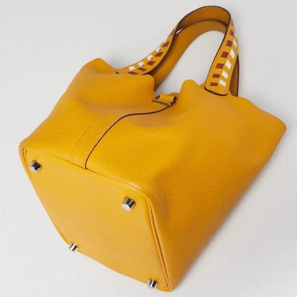 Hermes Jaune Ambre/Brique/White Epsom Leather Tressage De Cuir Picotin Bag - Picture 3 of 12